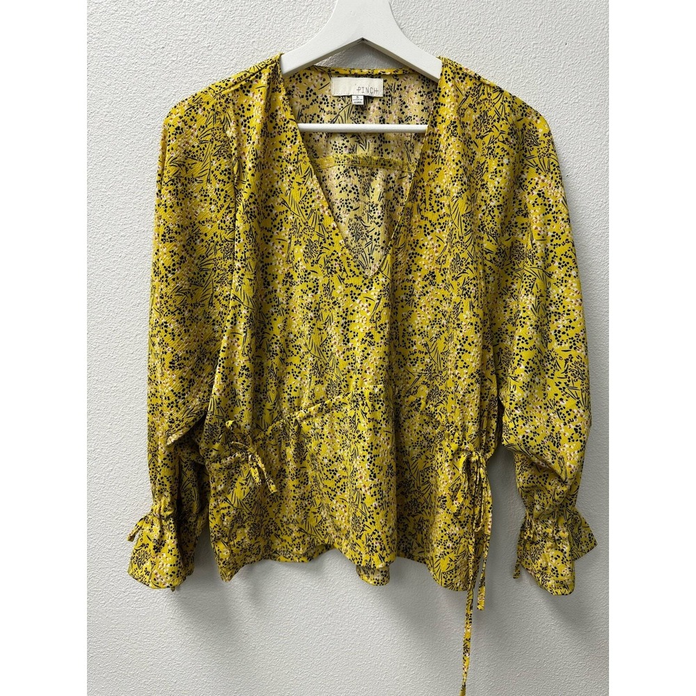 PINCH Women's Yellow Floral Print V Neck Long Sleeve Wrap Blouse Top Small